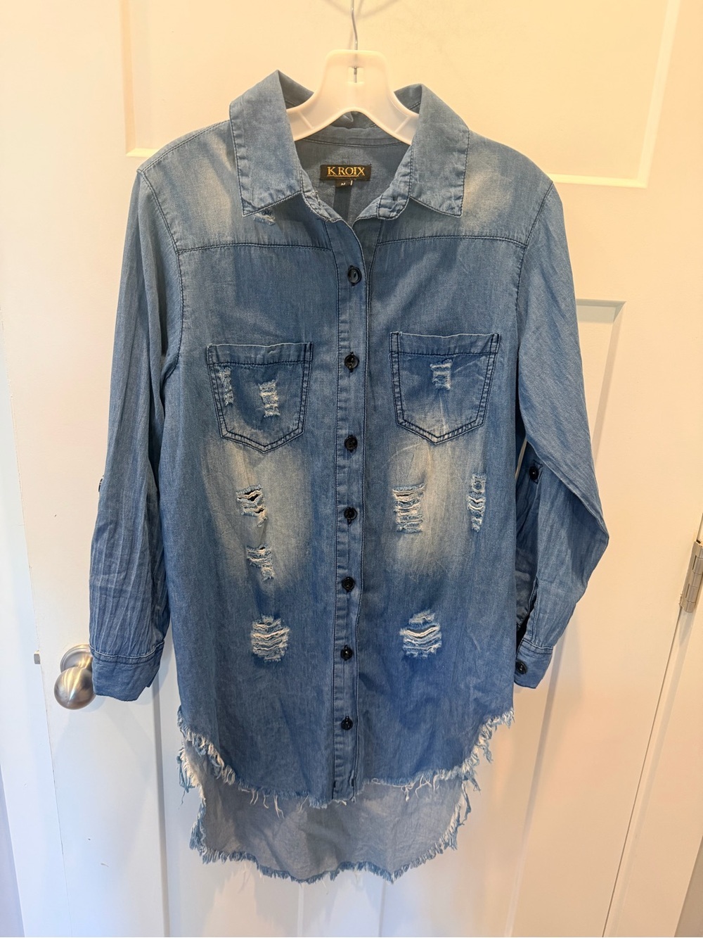 KROIX Chambray Shirt Dress Medium Distressed Denim Look Good Vibes Tunic Dress